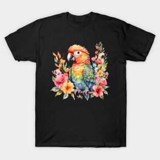 A parrot decorated with beautiful watercolor flowers T-Shirt